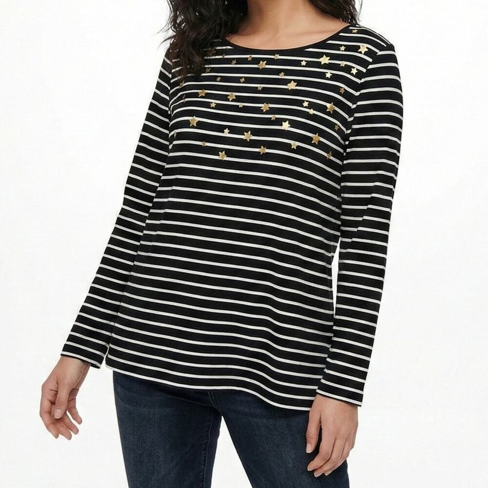 Talbots Plus 2X Cotton Spandex Black White Stripe with Stars Top Long Sleeve